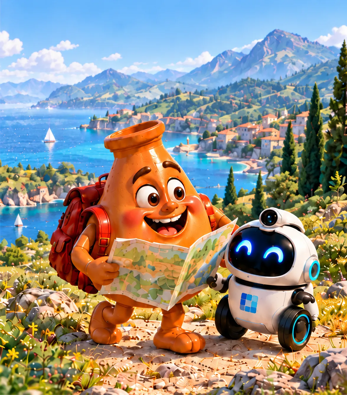 Toto and Pixel exploring a mountain lake with their map.