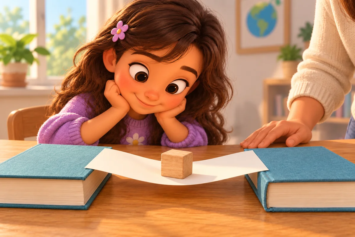 A child watches a flat paper bridge sag beneath a wooden block between two books.