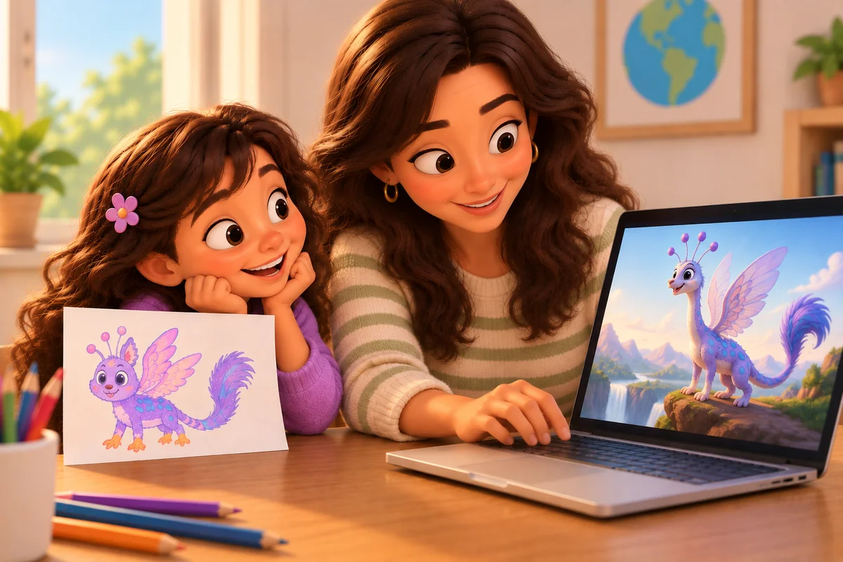 A grown-up operates a laptop while a child compares the creature on its screen with their original drawing.