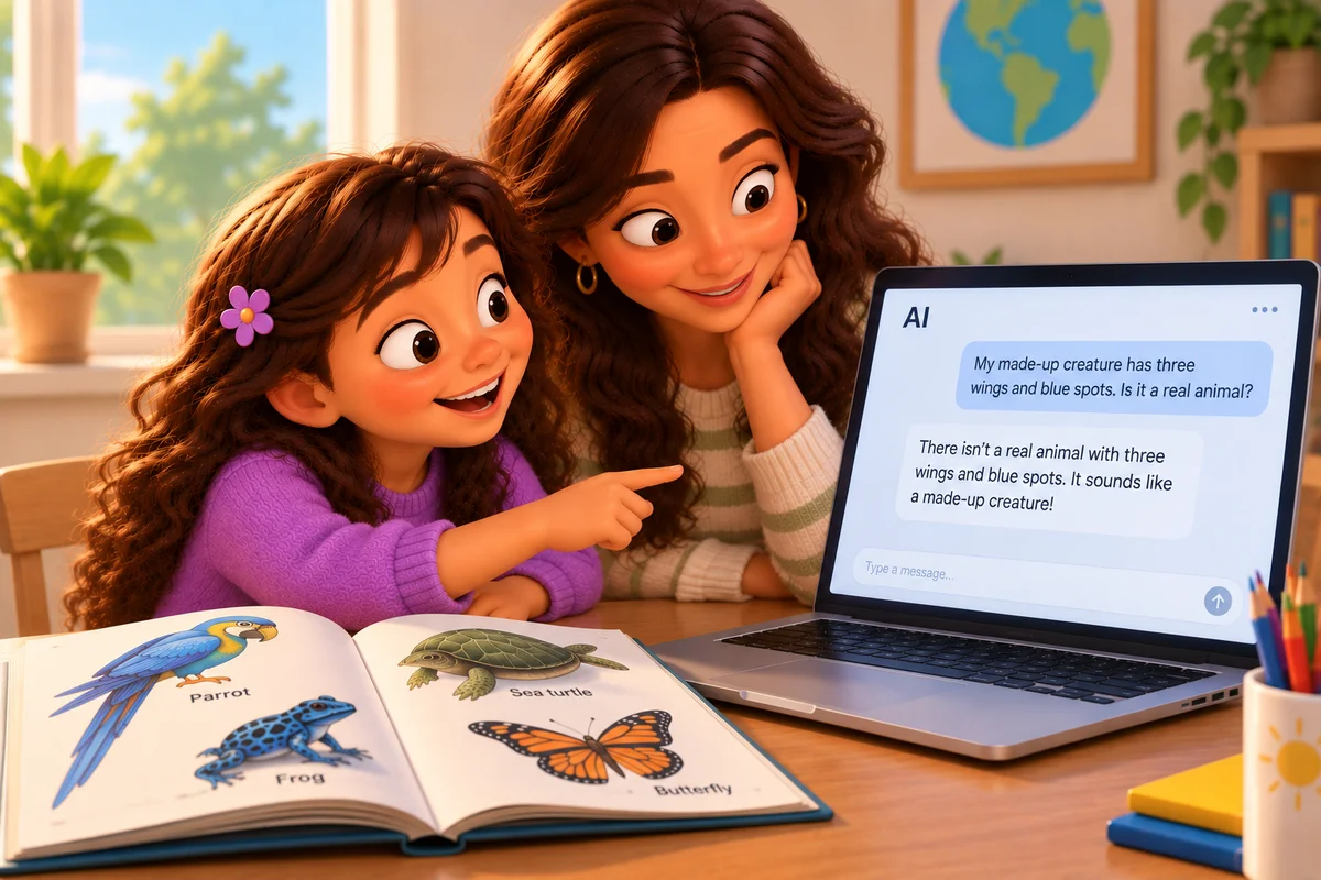 A mother and daughter check an AI answer about their made-up creature beside an open animal book.