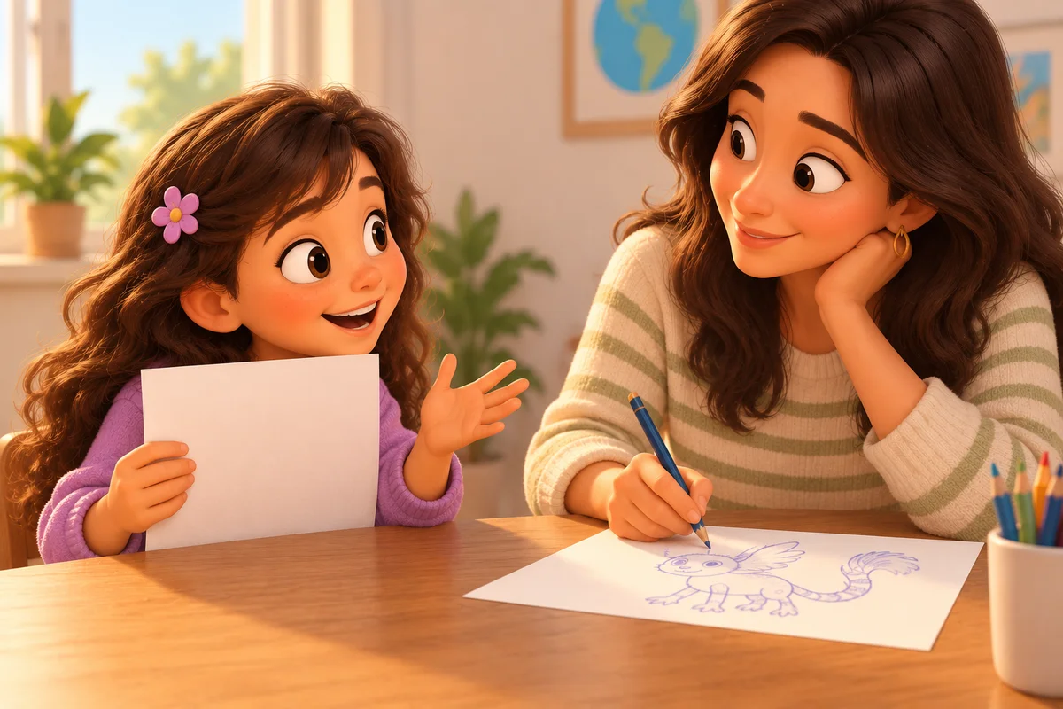 A child hides their drawing while describing the creature to a mother who draws what she imagines.