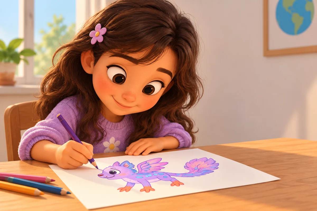 A child drawing her wonderfully unusual purple creature.