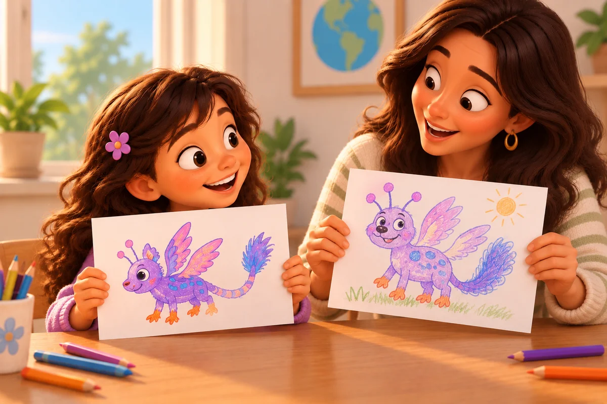 A girl and her mother reveal two different drawings of their purple, winged imaginary creature.