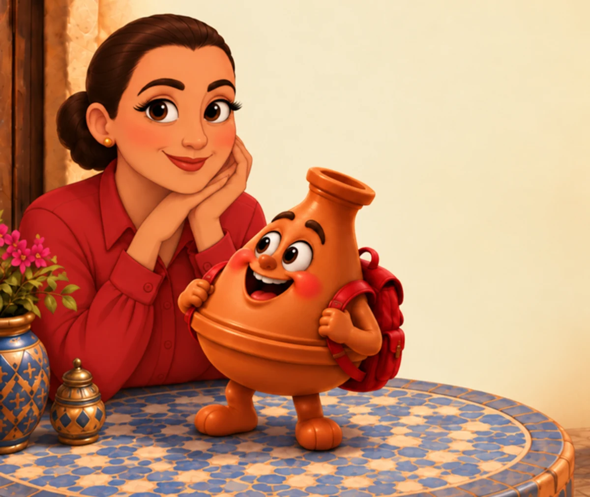 Alia smiling alongside Toto at a blue-and-gold tiled table.