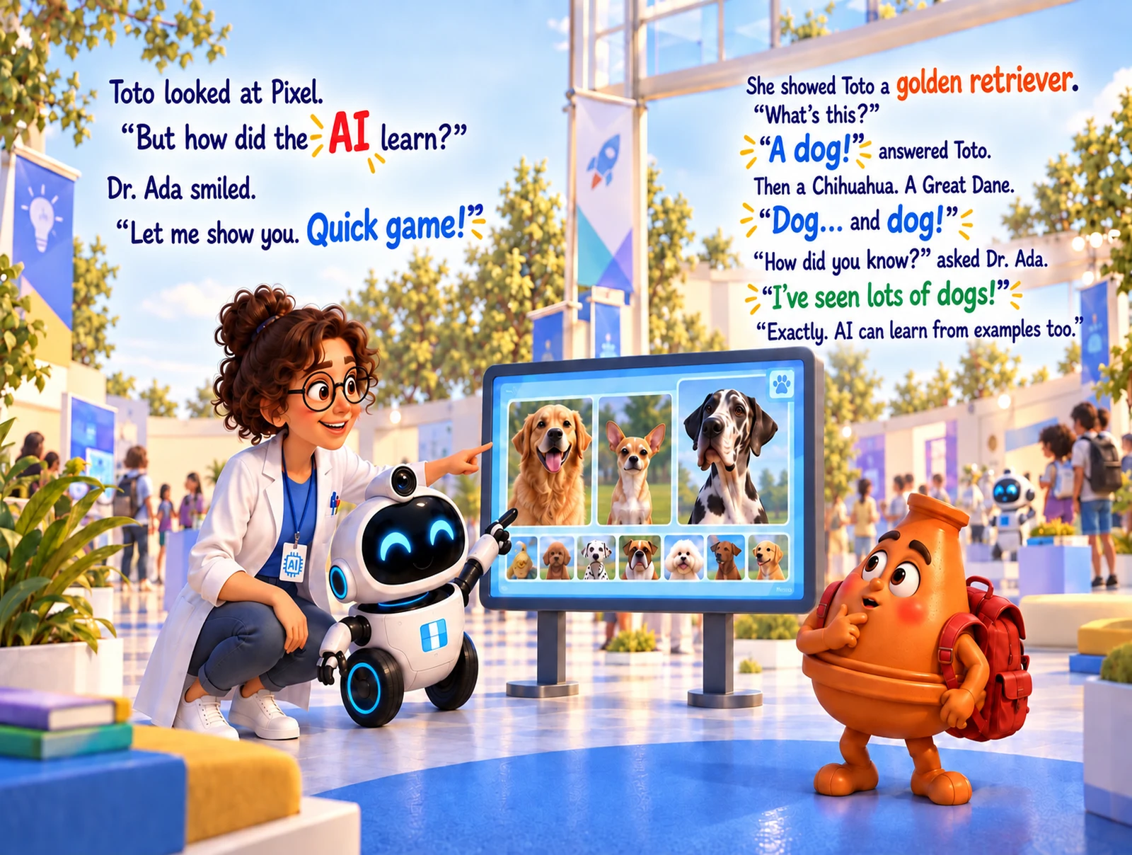 Dr. Ada showing Toto and Pixel pictures of different dogs.