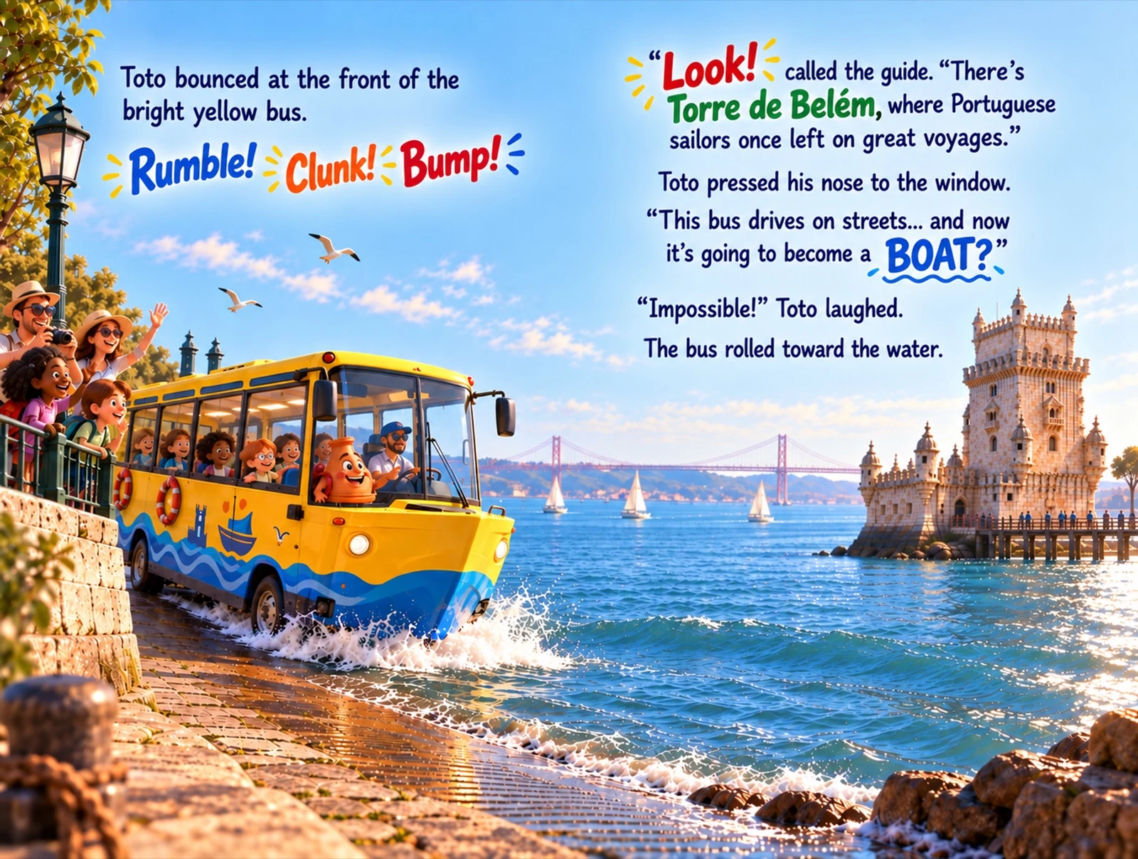 Book preview: the bus reaches the water beside Belém Tower.