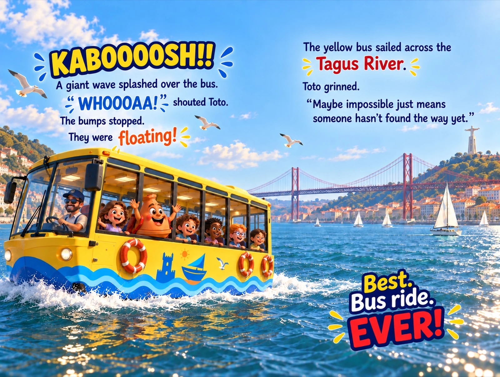 Toto riding the amphibious bus across the Tagus River.