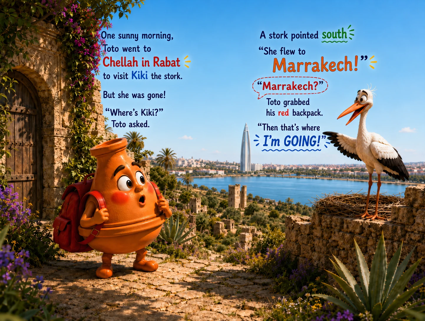 Toto asking a stork about Kiki before setting out for Marrakech.