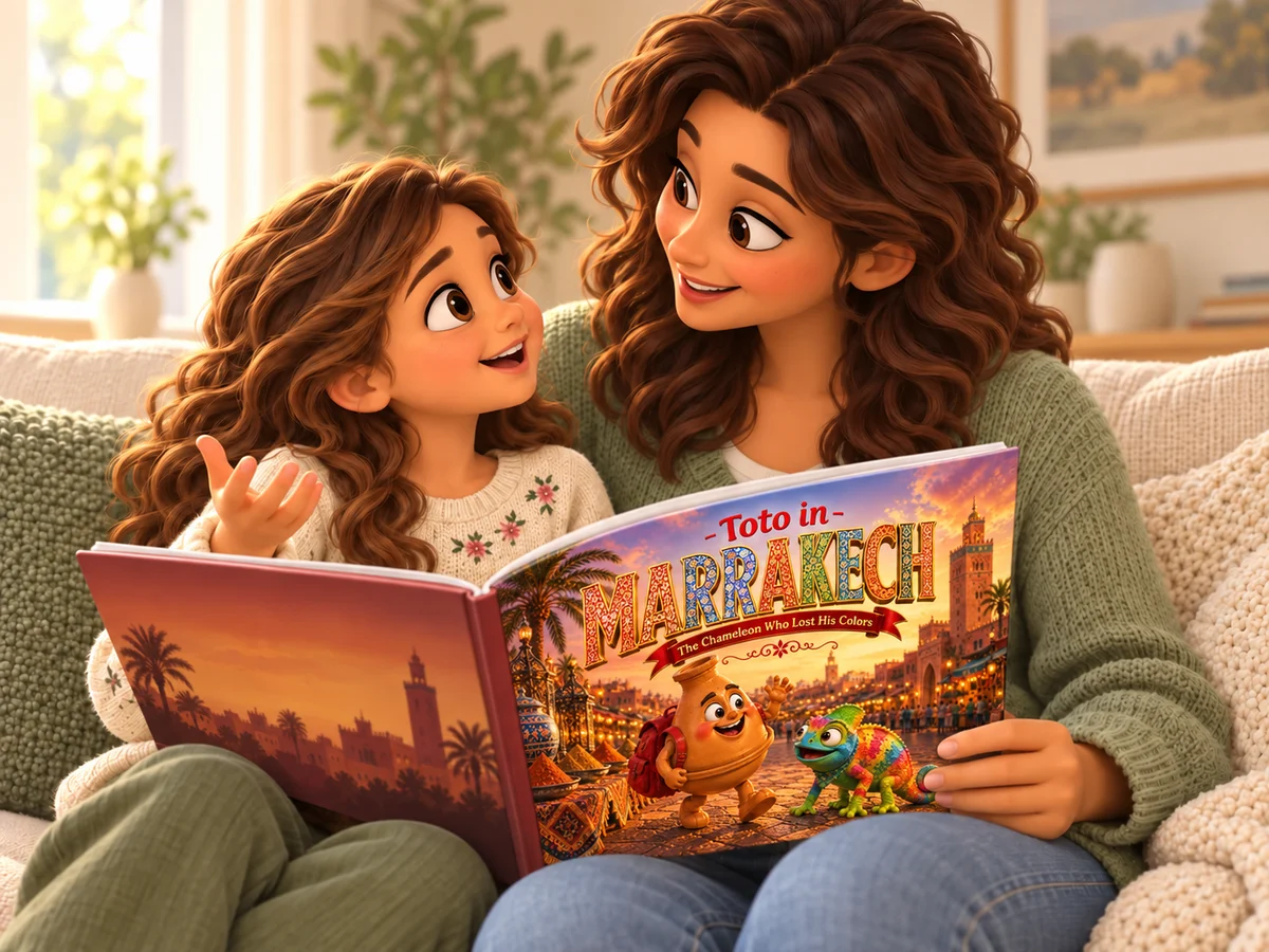 Toto-style illustration of a mother and child sharing the Toto in Marrakech book and listening to each other.