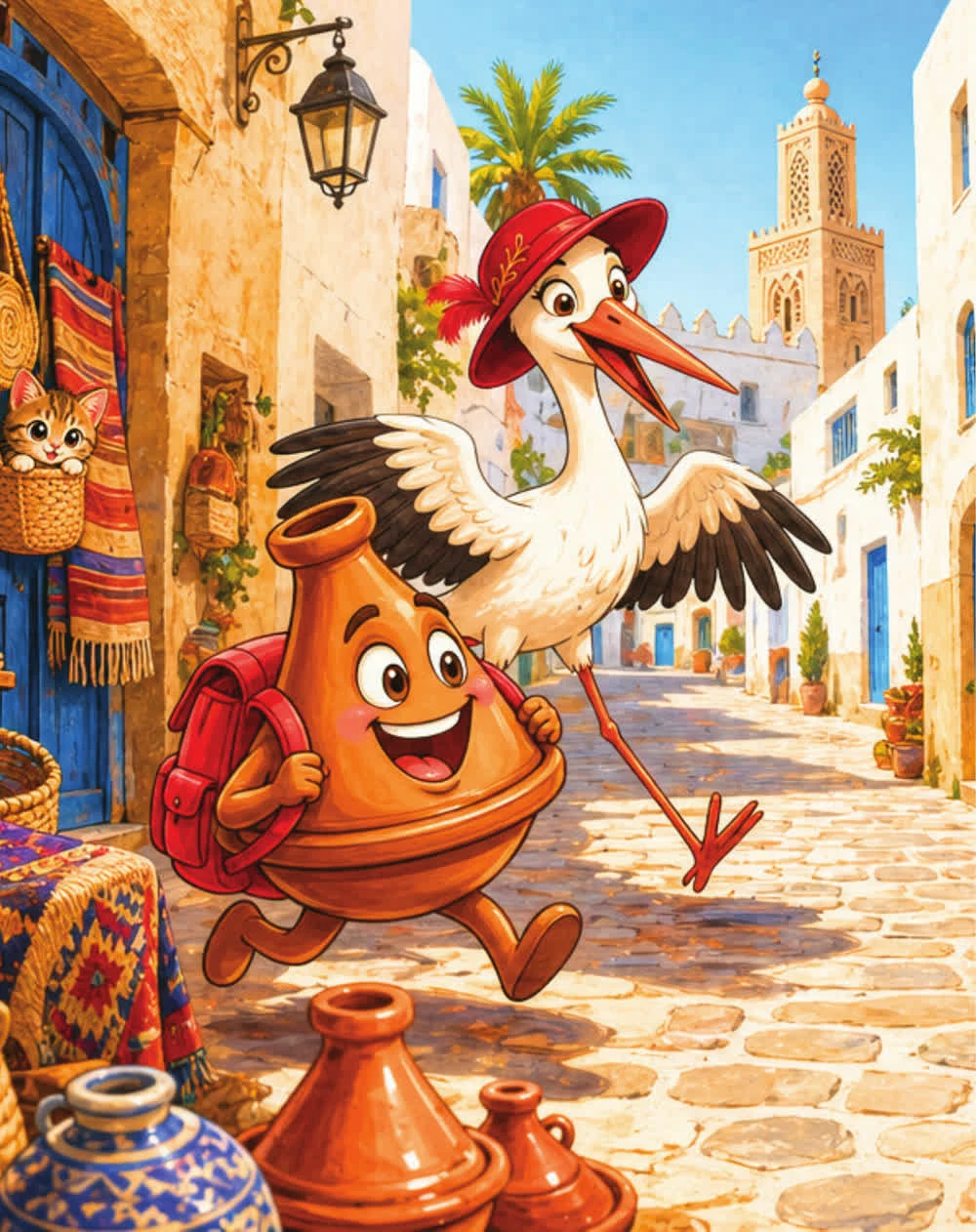 Toto and Kiki walking past rugs and market stalls.