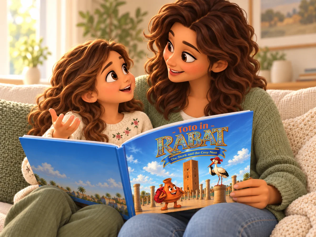 Toto-style illustration of a mother and child sharing the Toto in Rabat book and talking together.