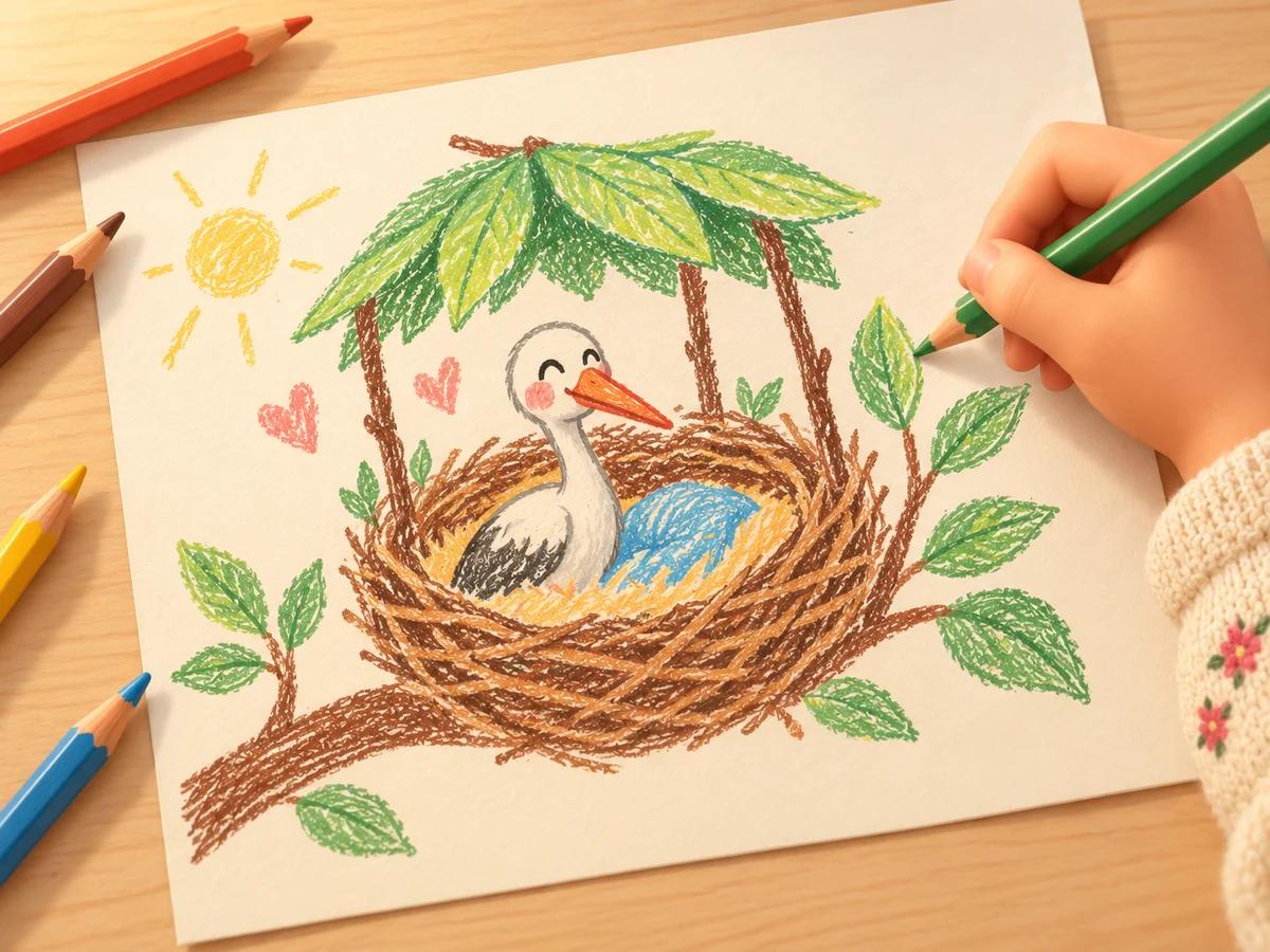 A child draws an imaginary bird home with a nest, shelter and leafy branch, using colouring pencils.