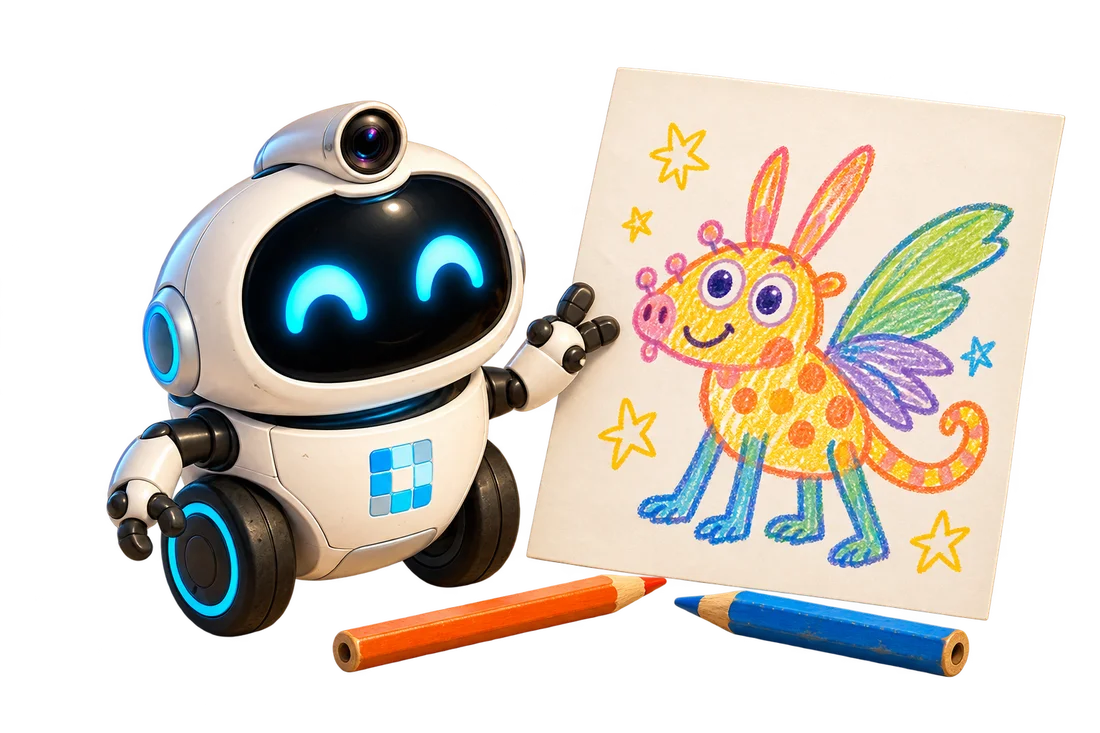 Pixel beside a colourful drawing of an imaginary animal.